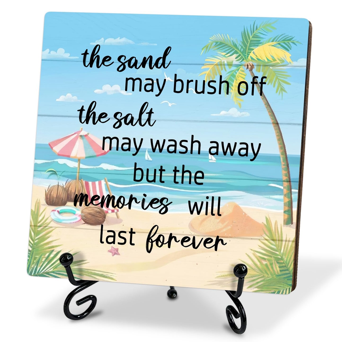 Beach Wooden Sign Desk & Shelf Decor Plaque – "The Sand The Salt" Room Accent with Stand – Coastal Summer Decorations for Home Office, Beachy Room, Bathroom – Beach Gifts for Women, Vacation Gift