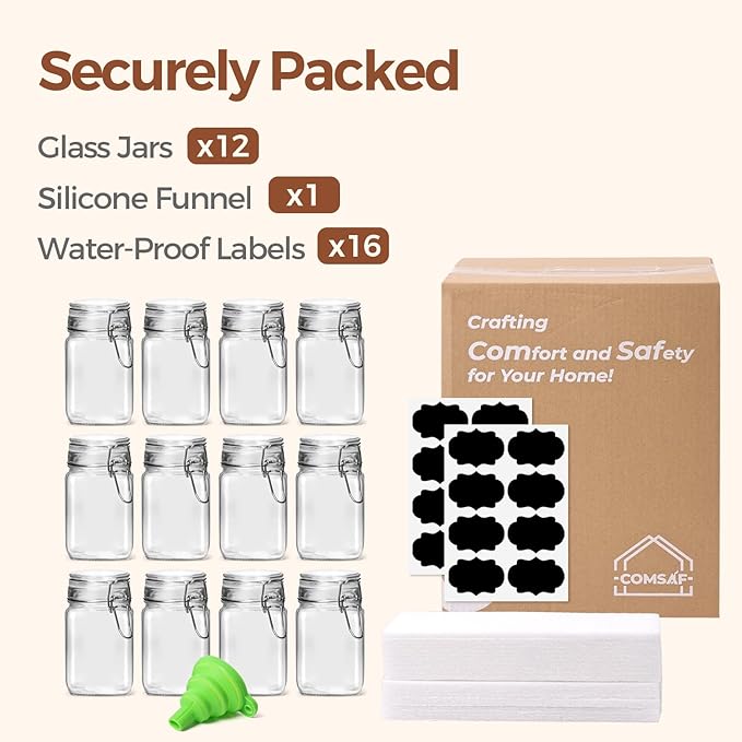ComSaf Small Glass Jars with Airtight Lid Set of 12, Spice Jars 8 oz, Mason Jar