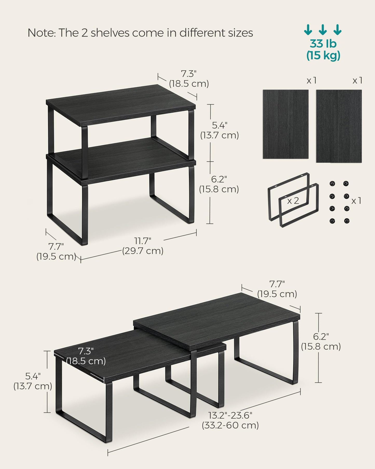 SONGMICS Cabinet Organizer Shelf, Set of 2 Kitchen Counter Shelves, Kitchen Storage, Spice Rack, Stackable, Expandable, Metal and Engineered Wood, Ink Black and Natural Beige UKCS02NB