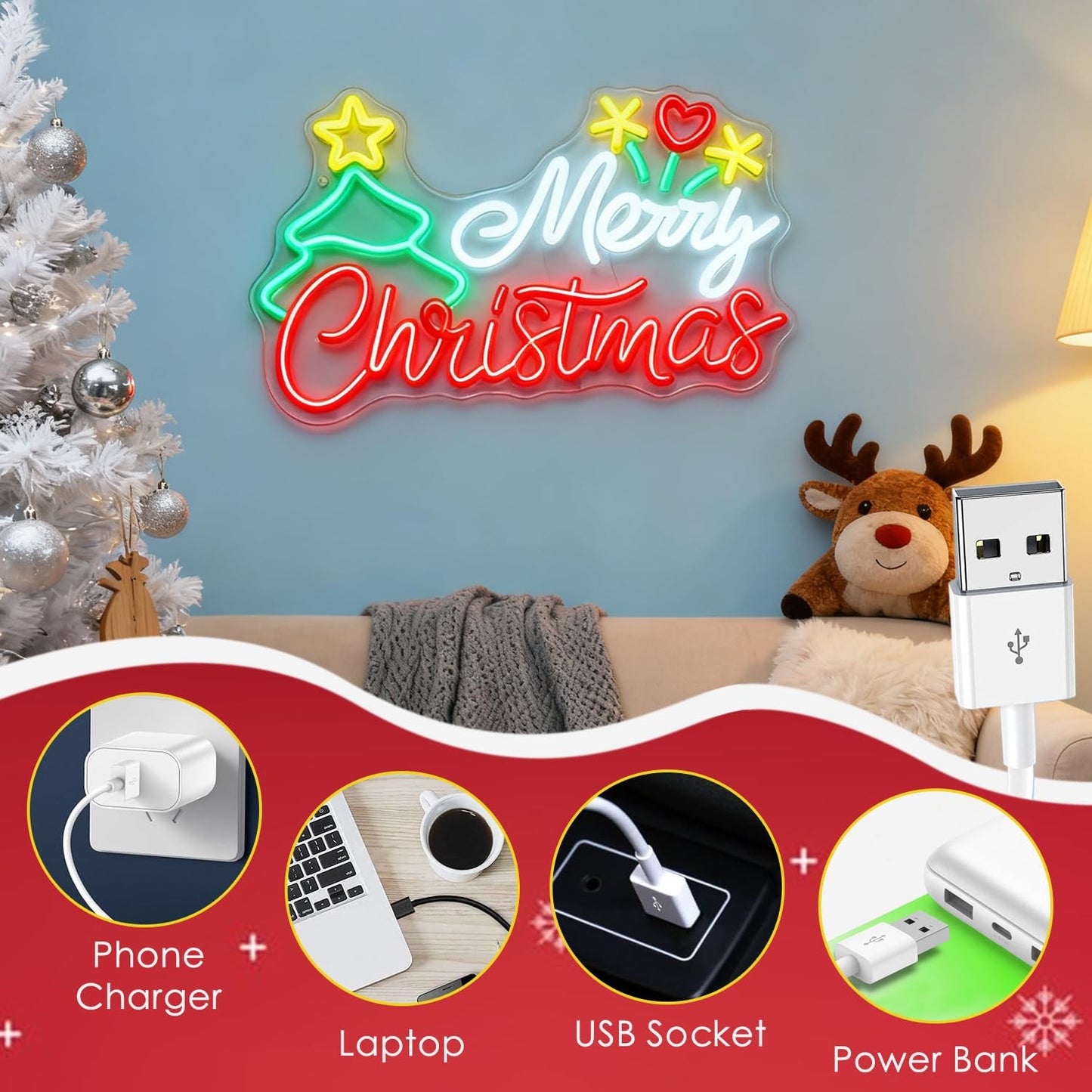 Modern Merry Christmas Neon Sign with Tree & Santa Hat, LED Light Sign for Wall Decor, USB Powered Dimmable Indoor Christmas Window Lights for Home, Bedroom,Party, Bar, Xmas Decorations Gift