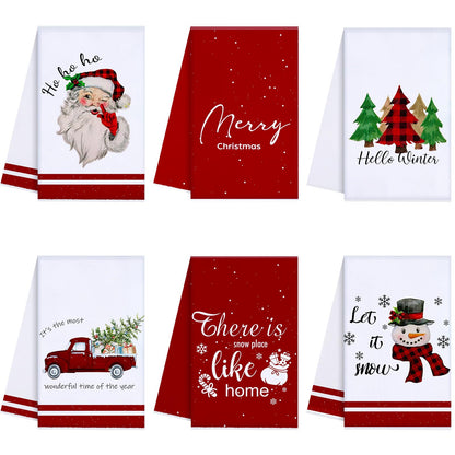 Oudain 6 Pcs Christmas Kitchen Towels Red and White Christmas Hand Towels Xmas Tree Snowman Dish Cloths 24 x 16 Inch Santa Truck Decorative Tea Dishcloths for Home Kitchen Bathroom Winter Xmas Gifts