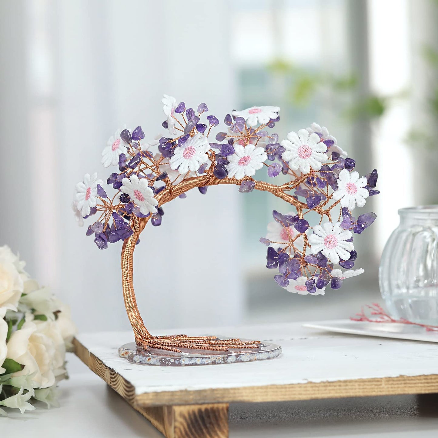 Nupuyai Amethyst Crystal Copper Money Tree Desktop Decor with Agate Base Handmade Lace Flower Wealth Crystal Tree Bonsai for Fengshui Good Luck