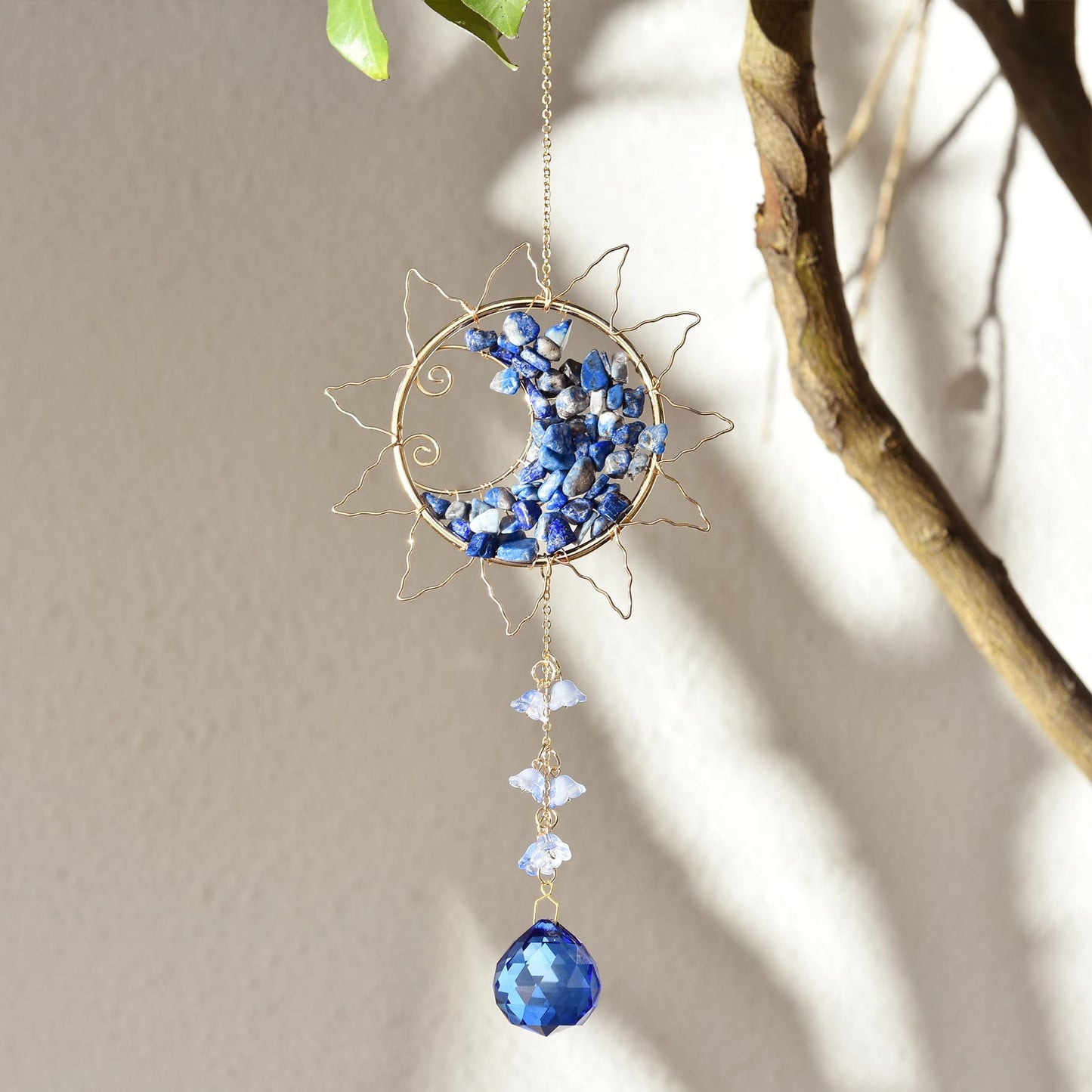 Hanging Sunlight Catcher, Sun & Moon Crystal Suncatcher, Crystal Hanging Ornament, Hanging Crystals for Decoration, Festival Gift, Window Decoration (Blue)