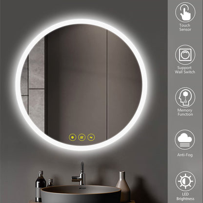AI-LIGHTING Round Mirror with Lights Bathroom Mirror Wall Mounted 60cm Anti-Fog Color Change Dimmable Memory IP54