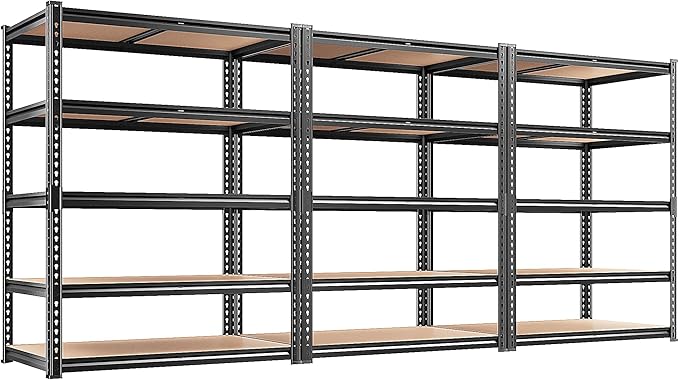 REIBII 2400LBS Storage Shelves 5 Tier Garage Shelving Heavy Duty, Adjustable Metal Shelving, Garage Shelves for Basement, Warehouse, Pantry, Closet, Kitchen 72" H x 35.55" W x 16" D, Black, 3 Pack