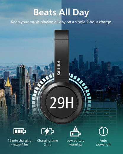 PHILIPS H4205 Wireless Headphone,On-Ear Bluetooth Headphone with BASS Boost,Quality Sound,32mm Drivers,29-Hour Battery Life,Fast Charging,Lightweight,Adjustable Cushioned Headband,Soft Ear Cups,Black