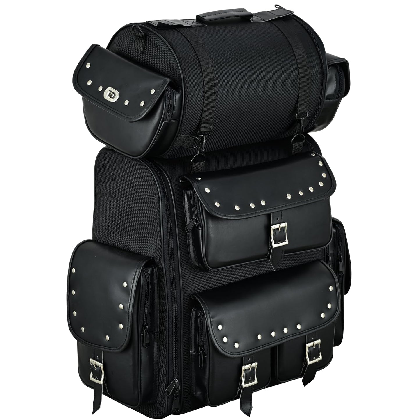 Vance Leathers Large Studded 2 Piece Sissy Bar Bag - Motorcycle Luggage with Multiple Storage Pockets & Removeable Rain Cover