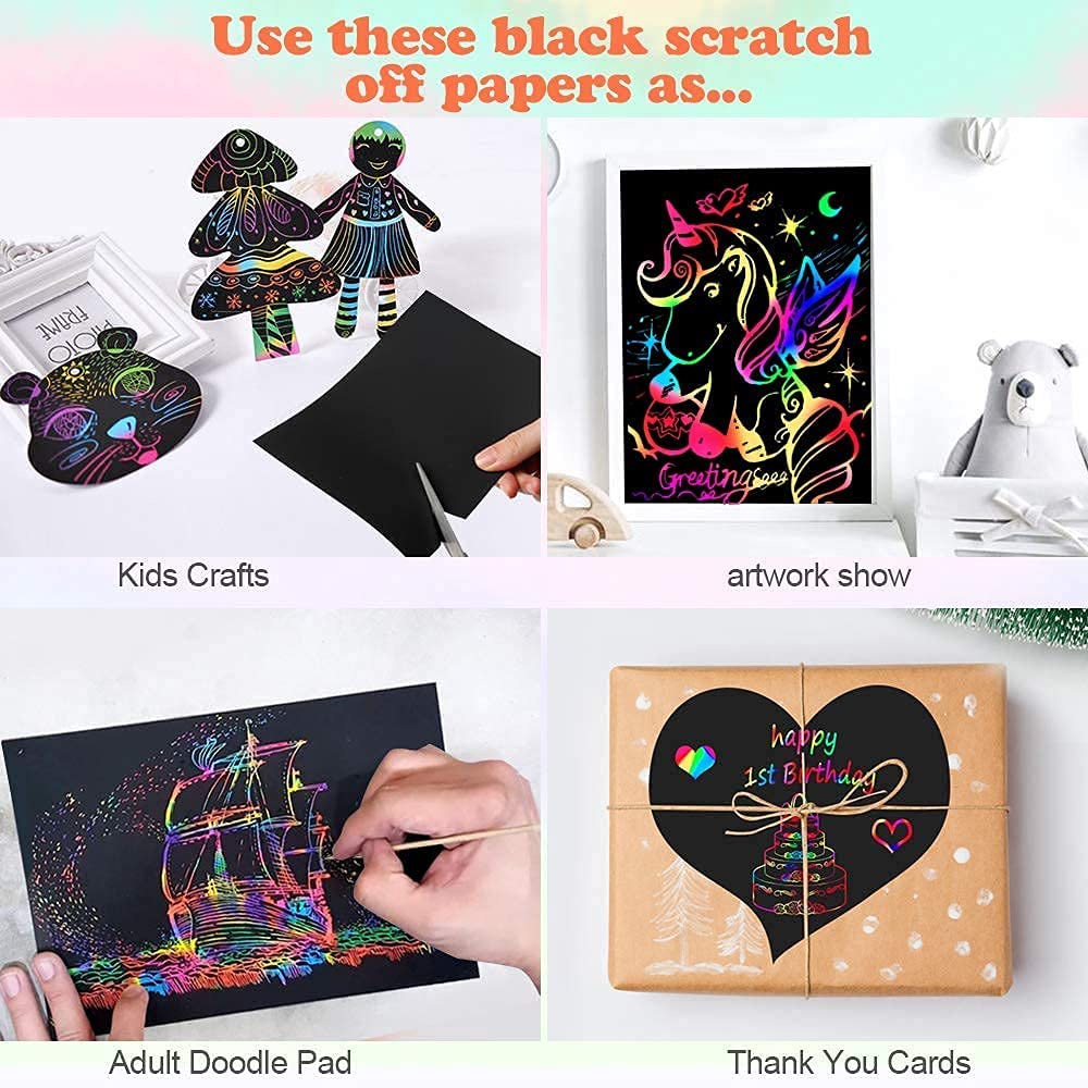 Mocoosy 60 PCS Rainbow Scratch Art Paper for Kids, Magic Scratch Paper Set Art Craft Supplies, Black Scratch Sheets Party Game Activities Christmas Birthday Gifts Girls Boys 3 4 5 6 7 8 9 10 Years Old