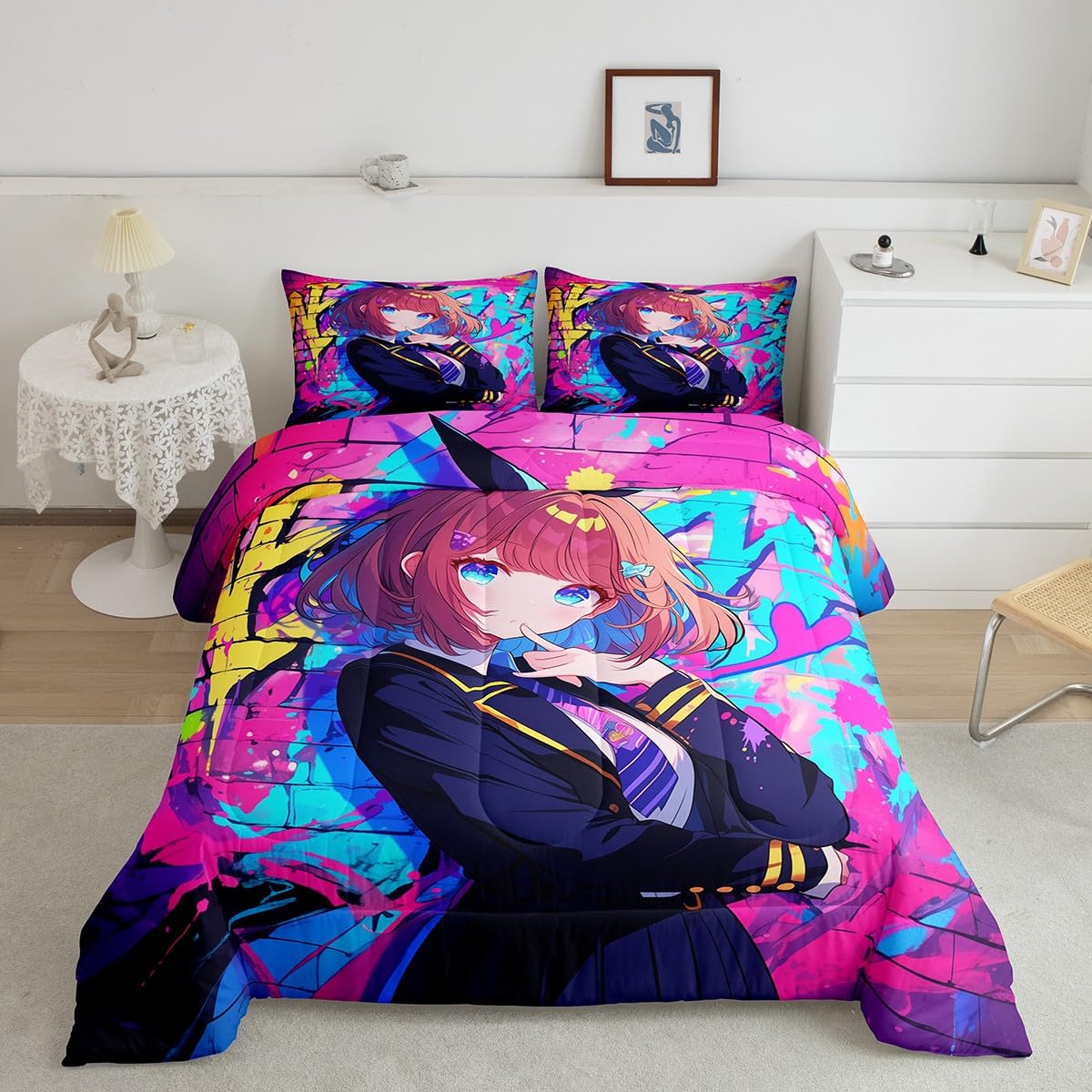Erosebridal Girls Japanese Anime Comforter Set Twin, Kawaii Anime Girl Bedding Set Cartoon Girl Duvet Insert for Kids Teens Adult, Japanese Animation Sci Fi Style Quilt with 1 Pillow Case