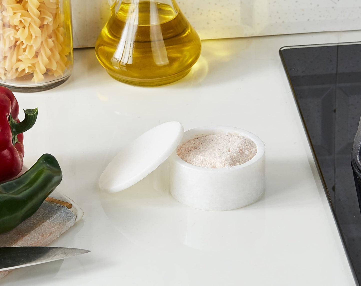 Queenza White Marble Salt Cellar with Lid – Handmade 3 Inch Marble Salt Bowl, Kosher Salt Keeper, Spice & Herb Container