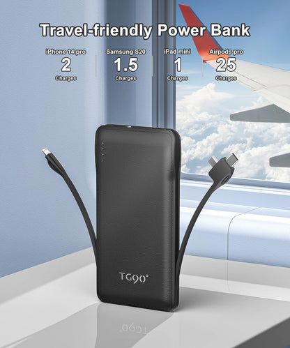 TG90° Portable Charger 10000mah Cell Phone Battery Backup, Ultra Slim Power Bank with Built in Lightning and USB-C Cable, Portable Phone Charger Battery Packs Compatible with iPhone Android Phones