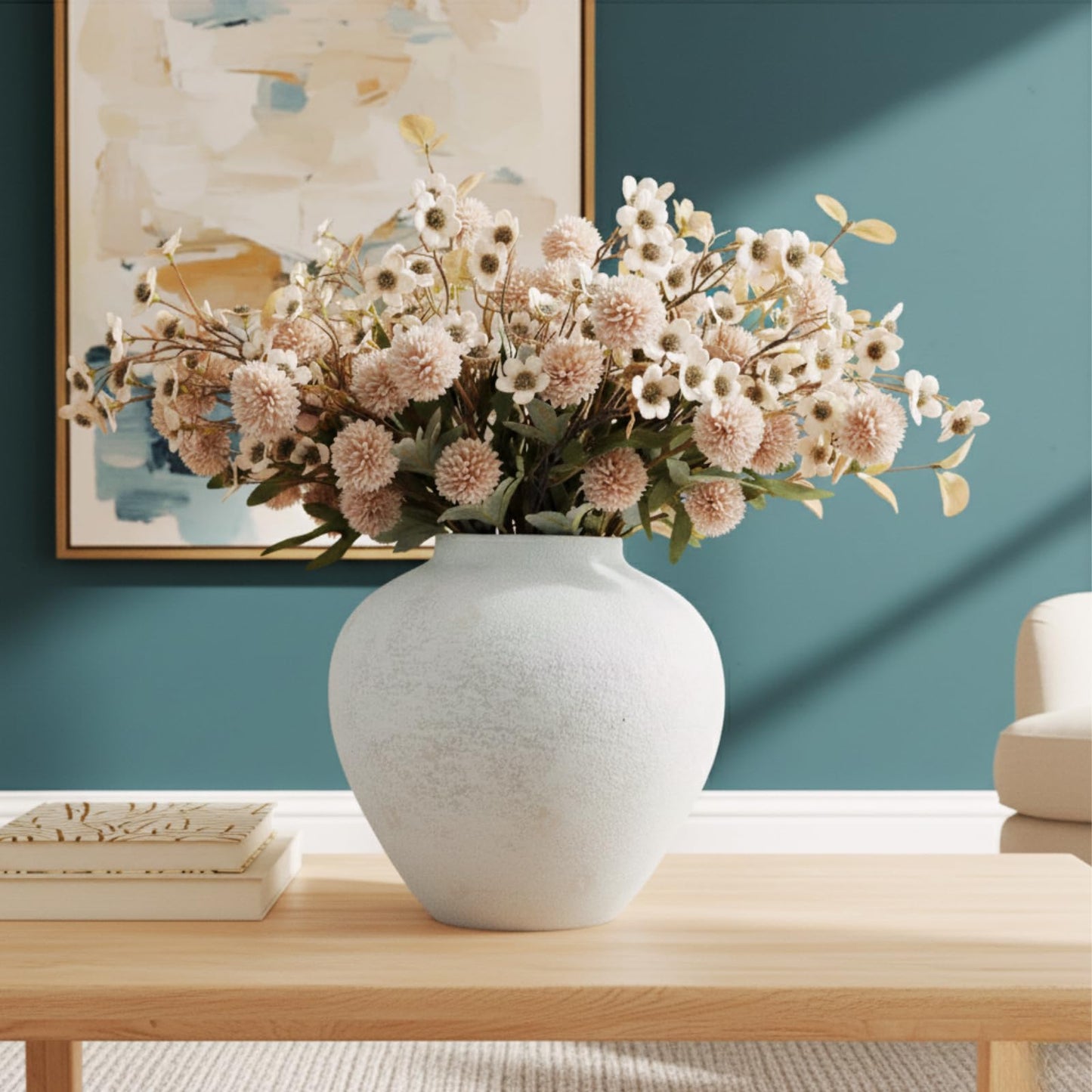 Beige Silk Flower Arrangements Home Decor, Large Floral Centerpieces For Tables, 22 Long Stems Fake Mums + Eucalyptus + Wild Flowers in Bulk, Artificial Flowers Coffee Dining Table, Faux Mums Flowers