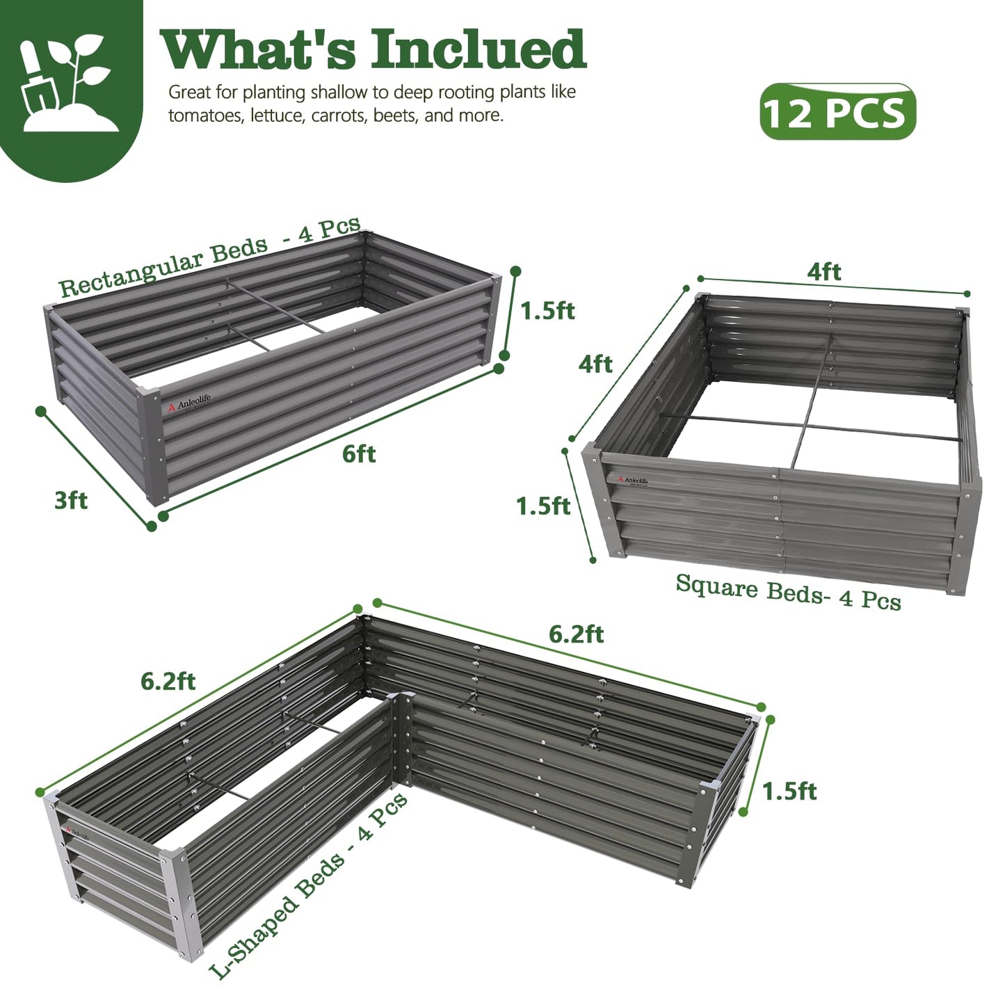 A ANLEOLIFE 12-Piece 18 Inch Tall Raised Garden Beds Kit, L-Shaped, Square & Rectangular Metal Planters for Flexible Backyard Layouts, Quartz Grey