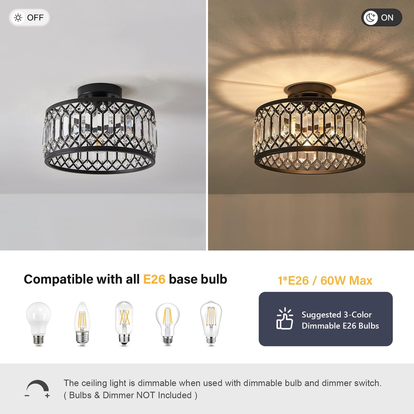 Pevfah Crystal Black Ceiling Light, Modern Semi Flush Mount Ceiling Lighting Fixture, Round Hallway Lighting Fixtures for Kitchen Entryway Bedroom Laundry Room, 1-Light, 11.4 Inch