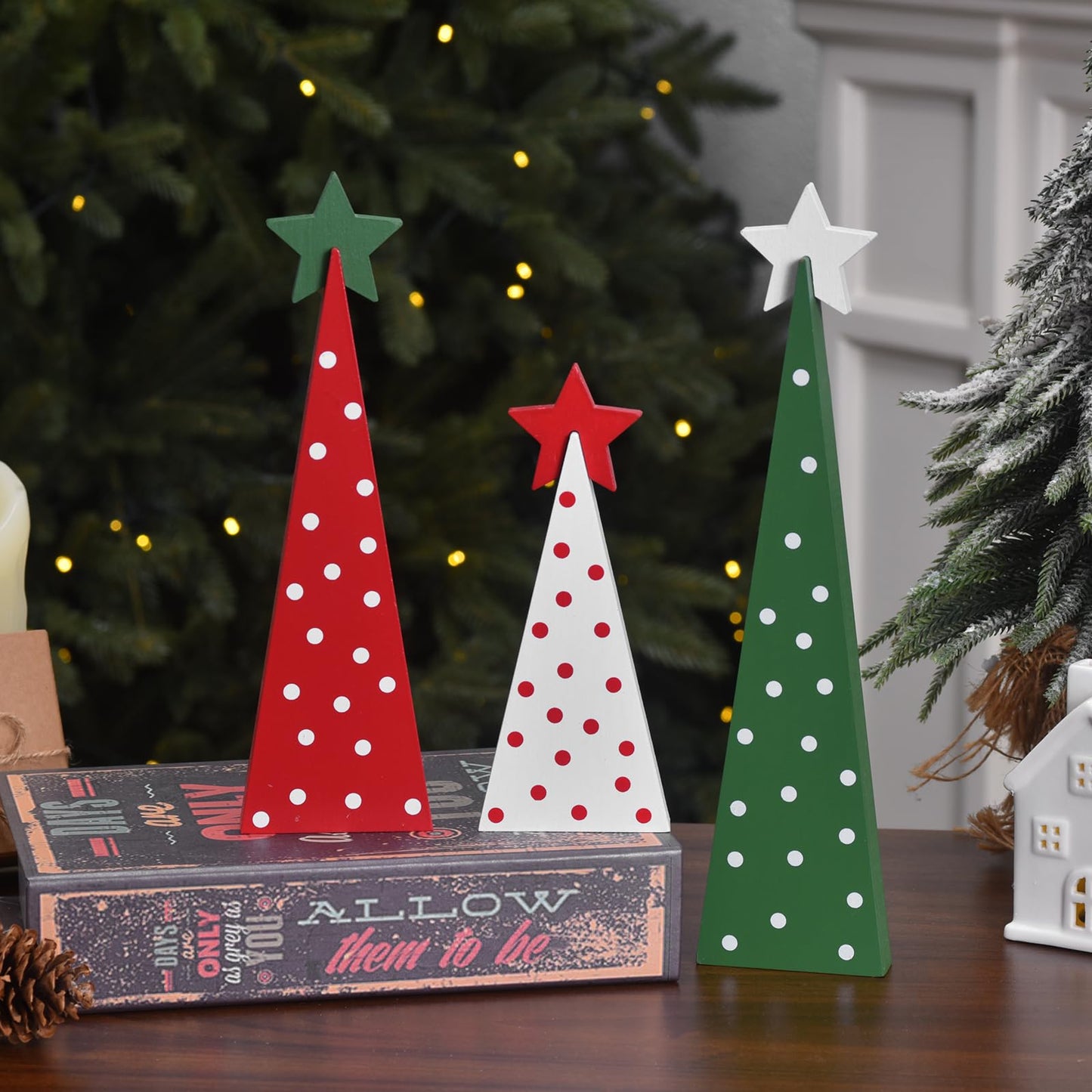 GHOSTMAGIC 3 Pcs Wooden Christmas Trees Tabletop Decorations, Rustic Xmas Tree Table Signs Double-Sided Tiered Tray Centerpieces Farmhouse Wood Sign Decor for Home Office Fireplace Farmhouse (3pcs)