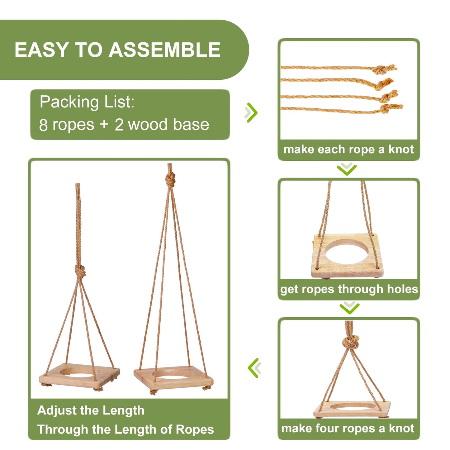 2 Pack Adjustable Hanging Plant Hanger, Hanging Planter Shelves for Indoor Plants, Hanging Flower Pots Holder, Wood Wall Hanging Planter Hanger for Window Ceiling Porch Deck Patio(Pots not Includ)