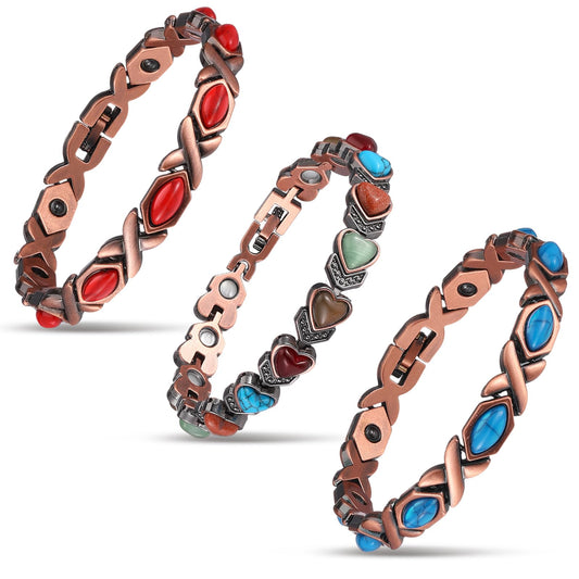 Misdary 3 Pcs Copper Magnetic Bracelets for Women Ultra Strength Magnetic Bracelet with Magnets Natural Turquoise Stones Adjustable Jewelry Gift