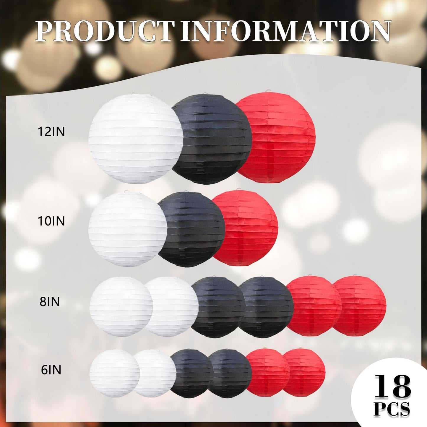 20Pcs Red Black White Paper Lanterns for Parties, 6” 8” 10” 12” Chinese Asian Hanging Round Paper Lanterns for Birthday Wedding Halloween Christmas Home Decor Party Decor