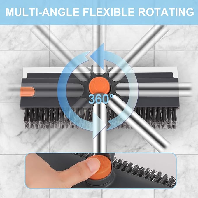 Floor Scrub V Brush with Long Handle 4 in 1 Silicone Scrape and Stiff Bristle