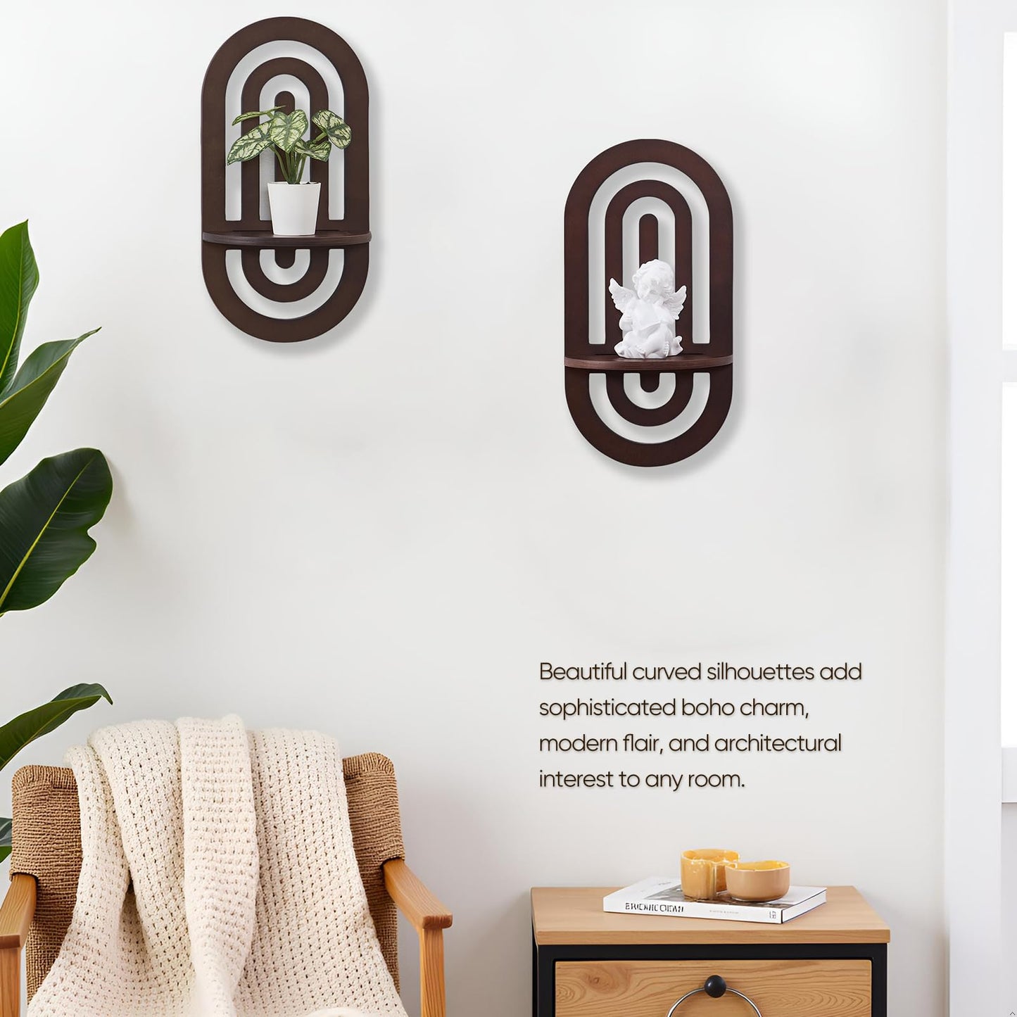 SweetSage Boho Decor Wall Floating Shelves with Arched Wood Design, Small Decorative Display Wall Shelf Set of 2 for Bedroom Living Room, Dark Brown