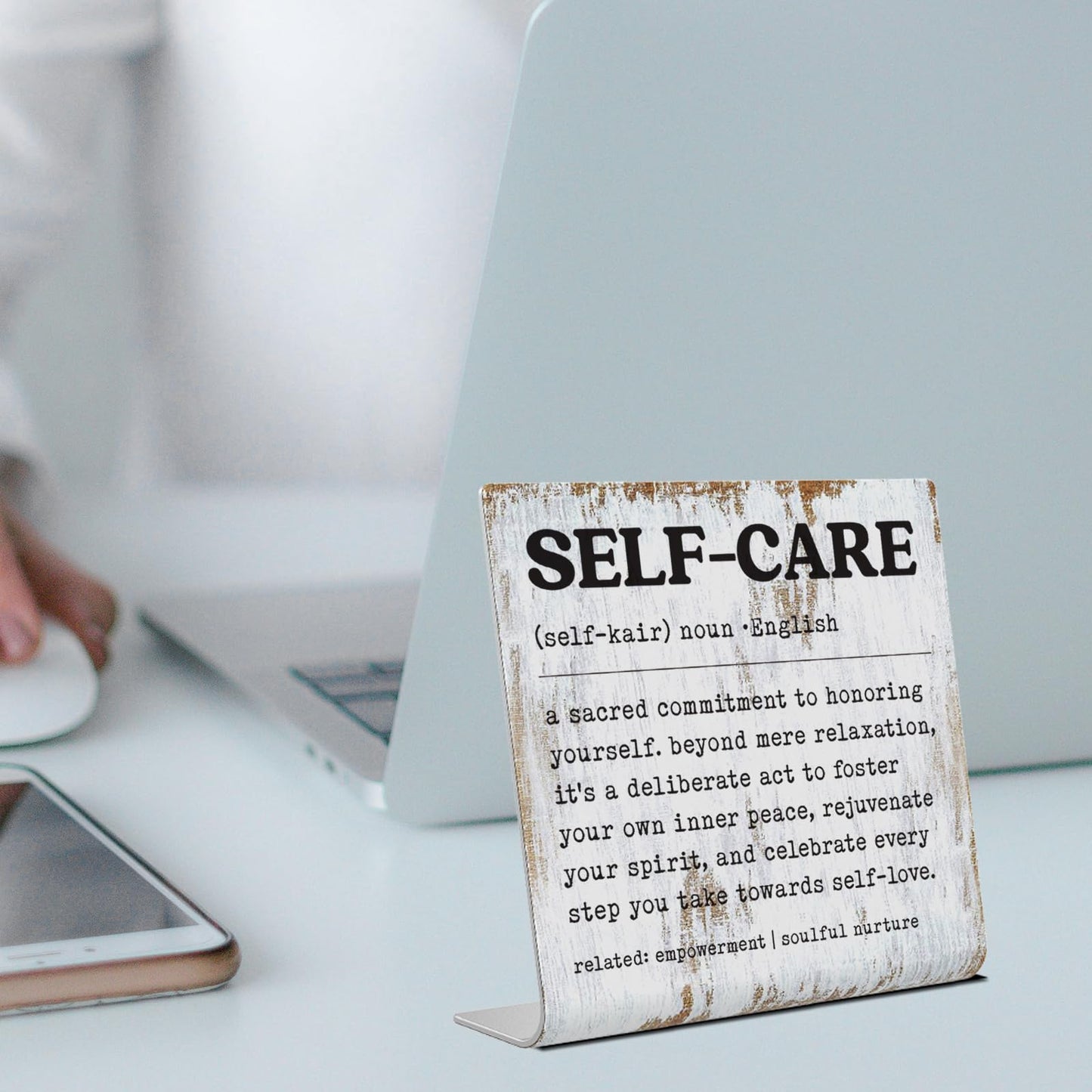 Self-Care Inspirational Desk Sign Inner Peace Self-Love Quote Plaque, Rustic Steel Decor for Therapists, Women, Friends, or Office Spaces, Daily Mental Wellness Reminder Gift XLK521
