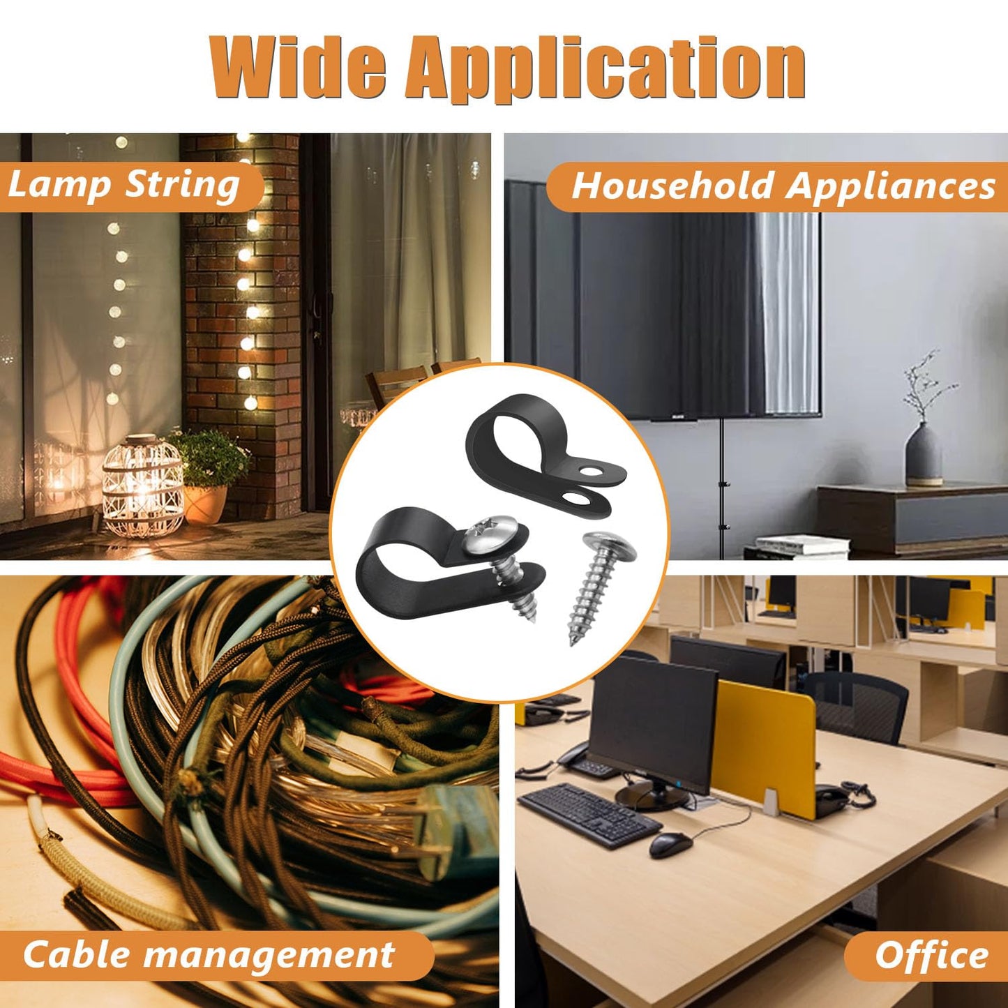 mankk 50PCS 1/2 Inch Rope Light Clips P-Style Mounting Clips Plastic Cable Clamps with Compatible Stainless Steel Pan Head Phillips Screws for Wire Management M-030-BK-LS