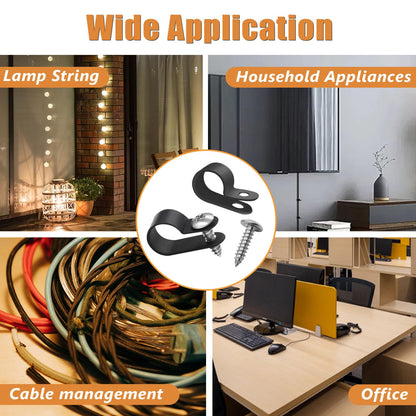 mankk 50PCS 1/2 Inch Rope Light Clips P-Style Mounting Clips Plastic Cable Clamps with Compatible Stainless Steel Pan Head Phillips Screws for Wire Management M-030-BK-LS