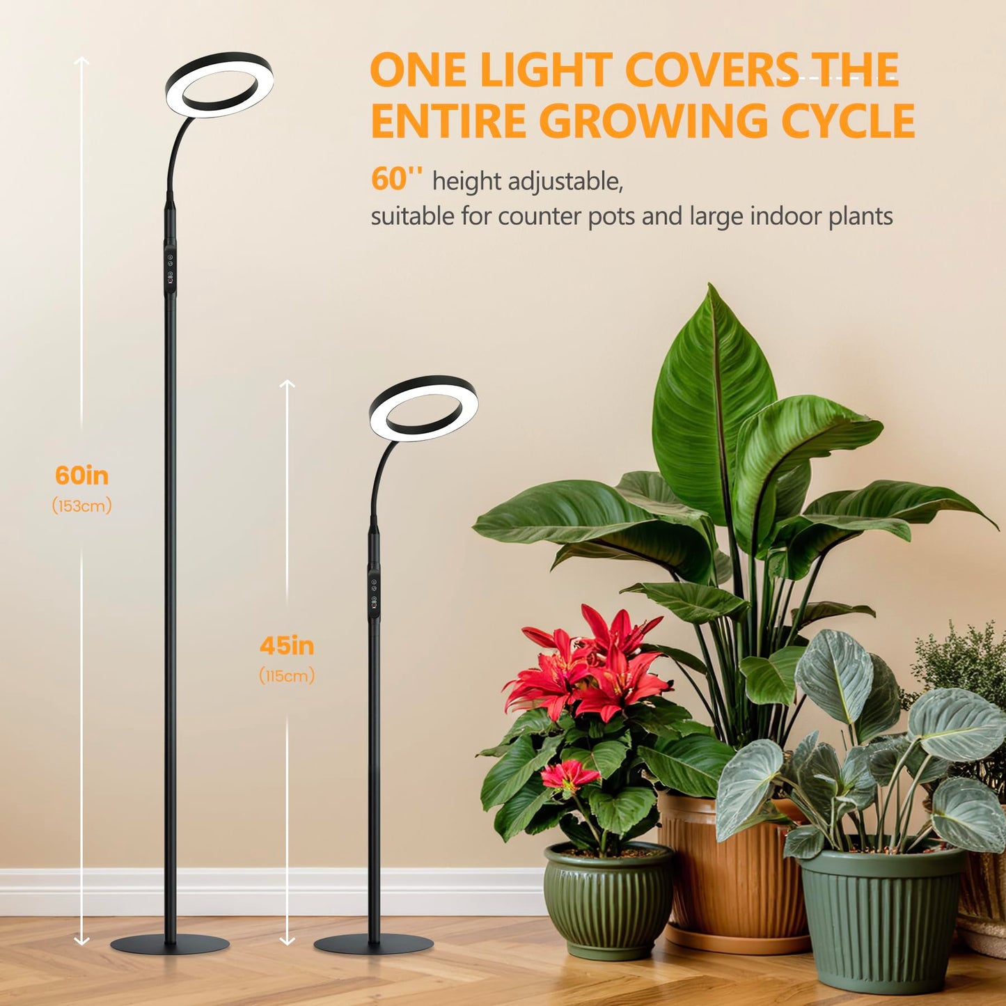 Vsoke 20W Indoor Plant Grow Light with Embedded Controller, Red Blue Warm Full Spectrum 95 LED Bulbs, Adjustable Height,Auto Timer,Dimmable Halo Growing Stand Lmap for Tall Large Small Plant Growth