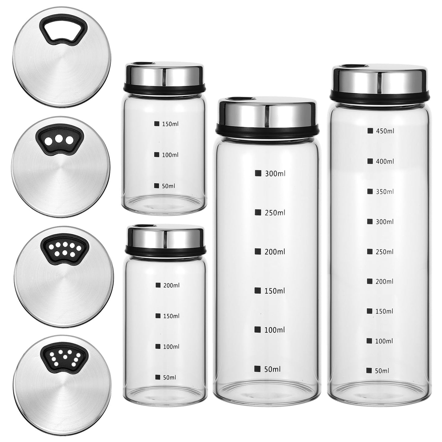 Kifmurase 4Pcs Salt Pepper Shakers with Adjustable Outlet Holes, 4 Sizes Clear Glass Shaker Bottles, Salt Shakers for Kitchen, Spice Seasoning Cans for Kitchen Decor Home Restaurant BBQ Camping