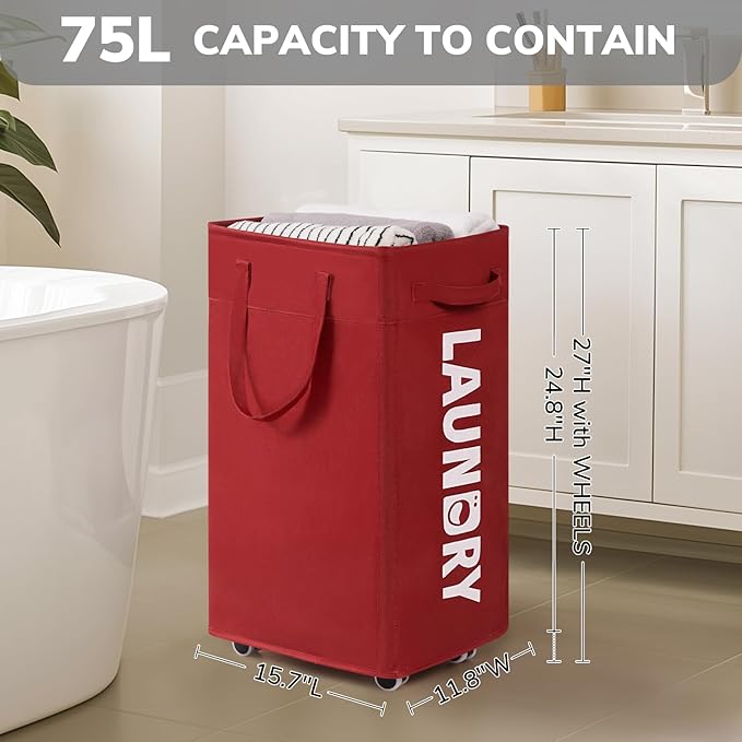 Goodpick Laundry Basket with Wheels, 75L Large Roolling Laundry Basket with