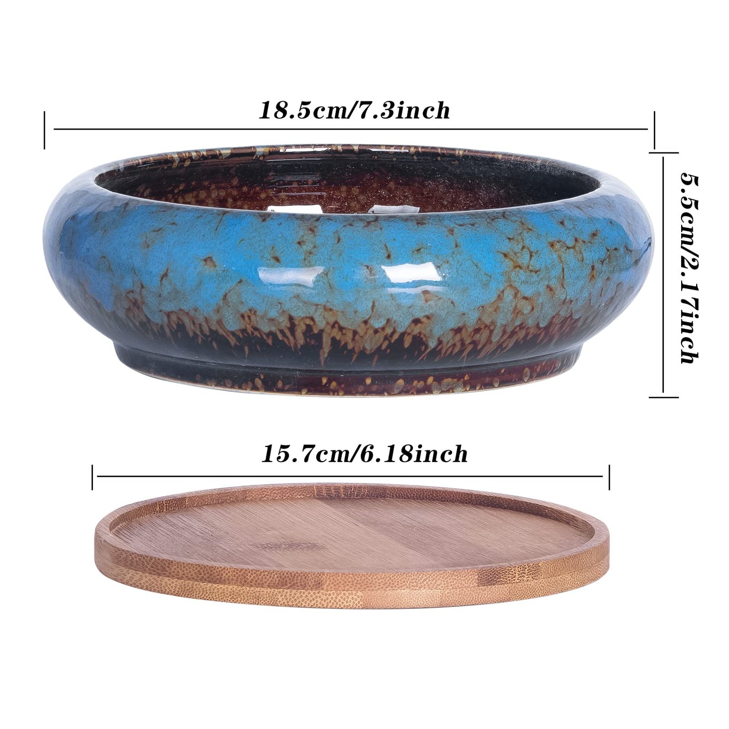 ARTKETTY Succulent Pots, 7.3 Inch Succulent Planters with Drainage Pack of 2, Shallow Bonsai Pot with Tray Ceramic Pots for Indoor Plants Large Cactus Flower Plant Bowl