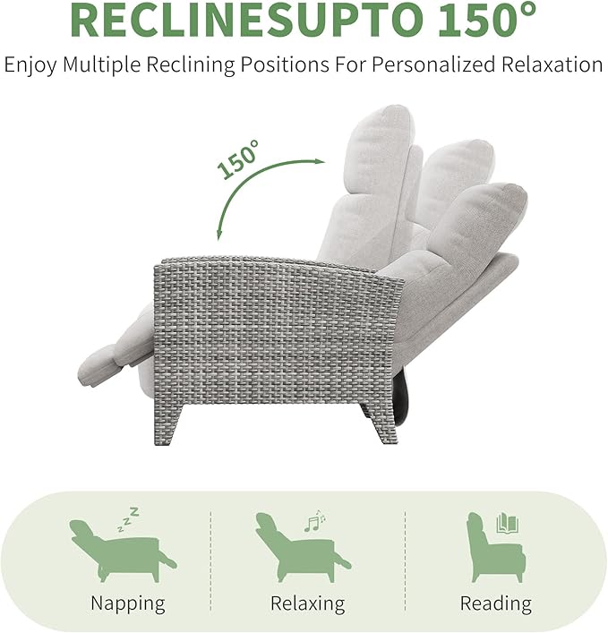 IDEALHOUSE Wicker Outdoor Recliner Reclining Patio Chairs with Adjustable Back & Footrest 150° Lay-Flat Reclining with Air Pump Rattan Flip-Up Side Table Outdoor Lounge Chairs for Pool Deck Balcony