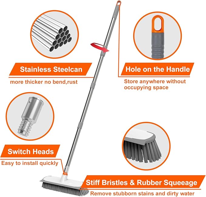 Floor Scrub Brush with Long Handle, Stiff Bristles Deck Brush, BITOPE