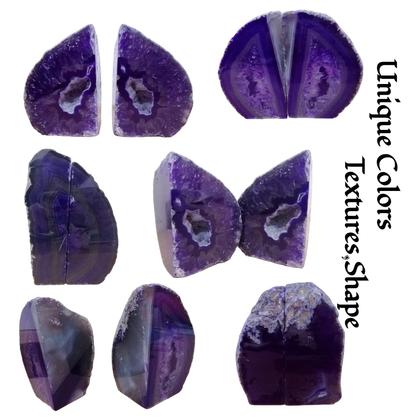 Geode Bookends 3-4 lbs Decorative Heavy Crystal Stone Book Ends for Shelves Dyed Purple 1 Pair