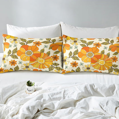 Castle Fairy Retro Flowers Full Fitted Sheet 4pcs,Watercolor Yellow Floral Green Leaves Plant Bed Sheet Set for Girls Teens Bedroom,70s Trippy Daisy Polyester Bedding Set with 1 Flat + 2 Pillowcases