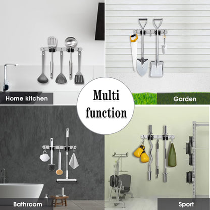 AceMining 5 Racks and 4 Hooks Mop and Broom Holder Wall Mount, Broom Organizer Storage Tool Racks Stainless Steel Heavy Duty Hooks Self Adhesive Solid Non-slip for Home Kitchen Garden Laundry Garage