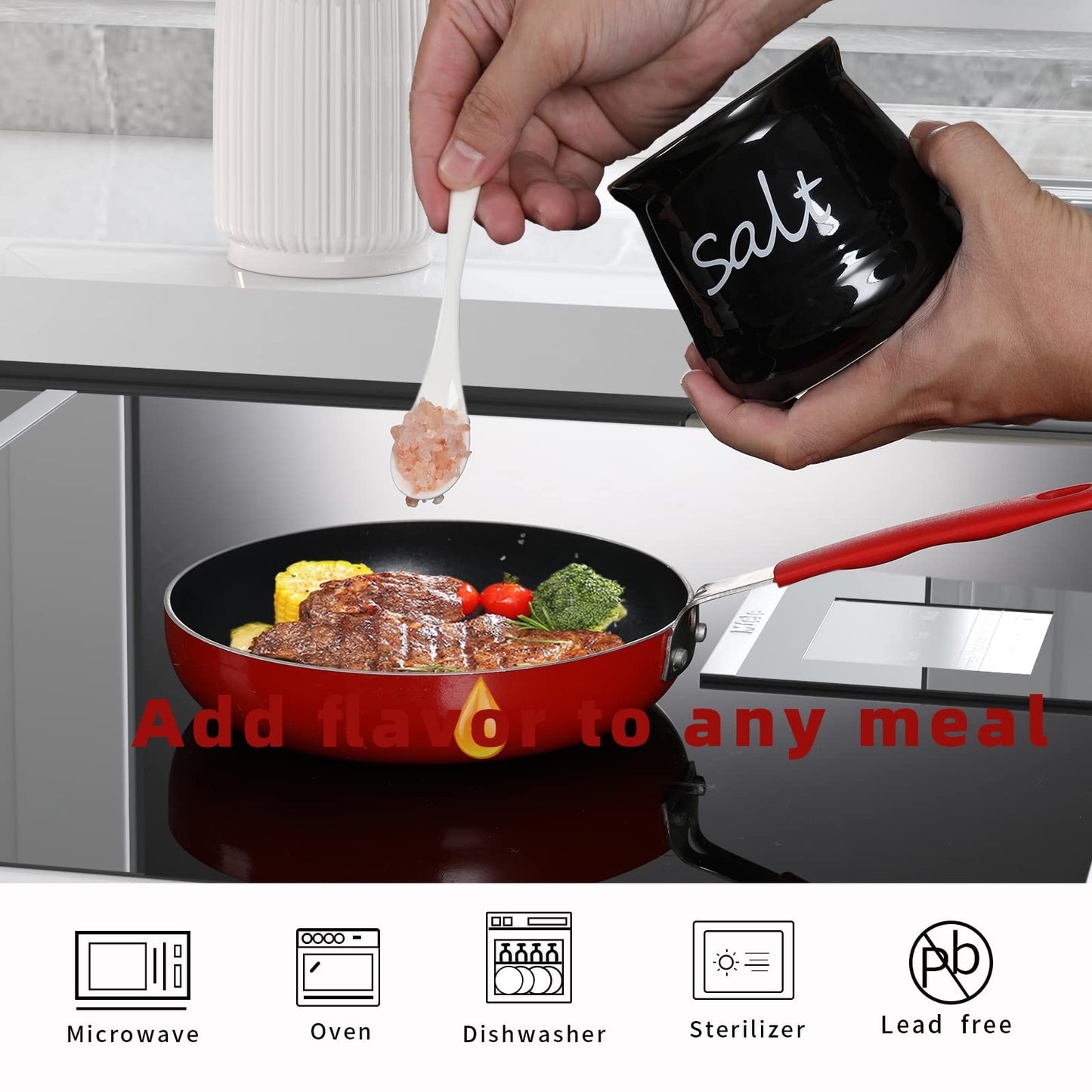 12oz Sugar and Salt Bowls with Lid and Spoon, Ceramics Condiment Pots,Seasoning Jar Spice Container for Kitchen,Dishwasher Safe (Black)