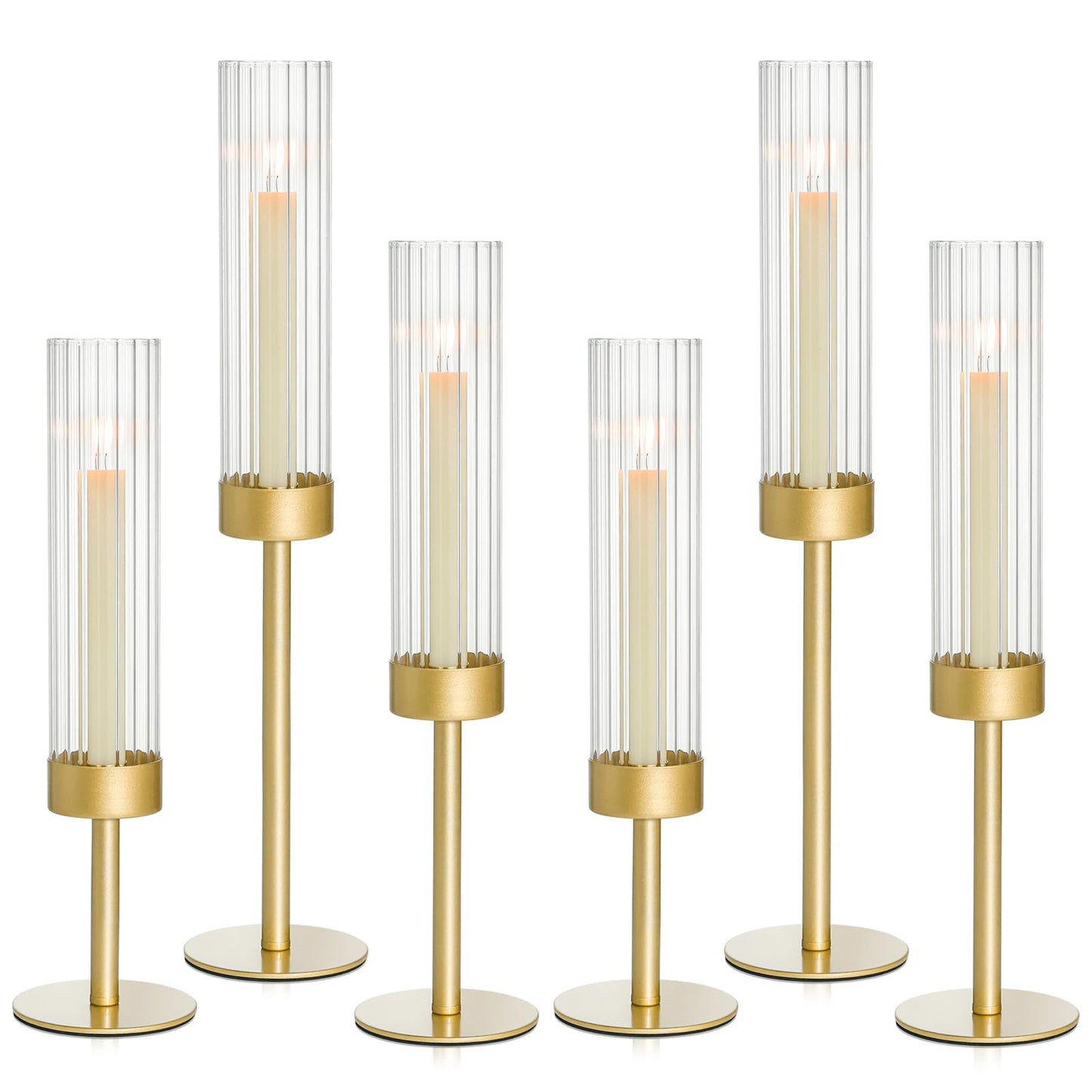 Turvono Gold Hurricane Candle Holders Set of 6, Brass Metal Candlestick Holders for Taper Candles, Modern Table Centerpiece Decor for Wedding, Party & Holiday Decorations