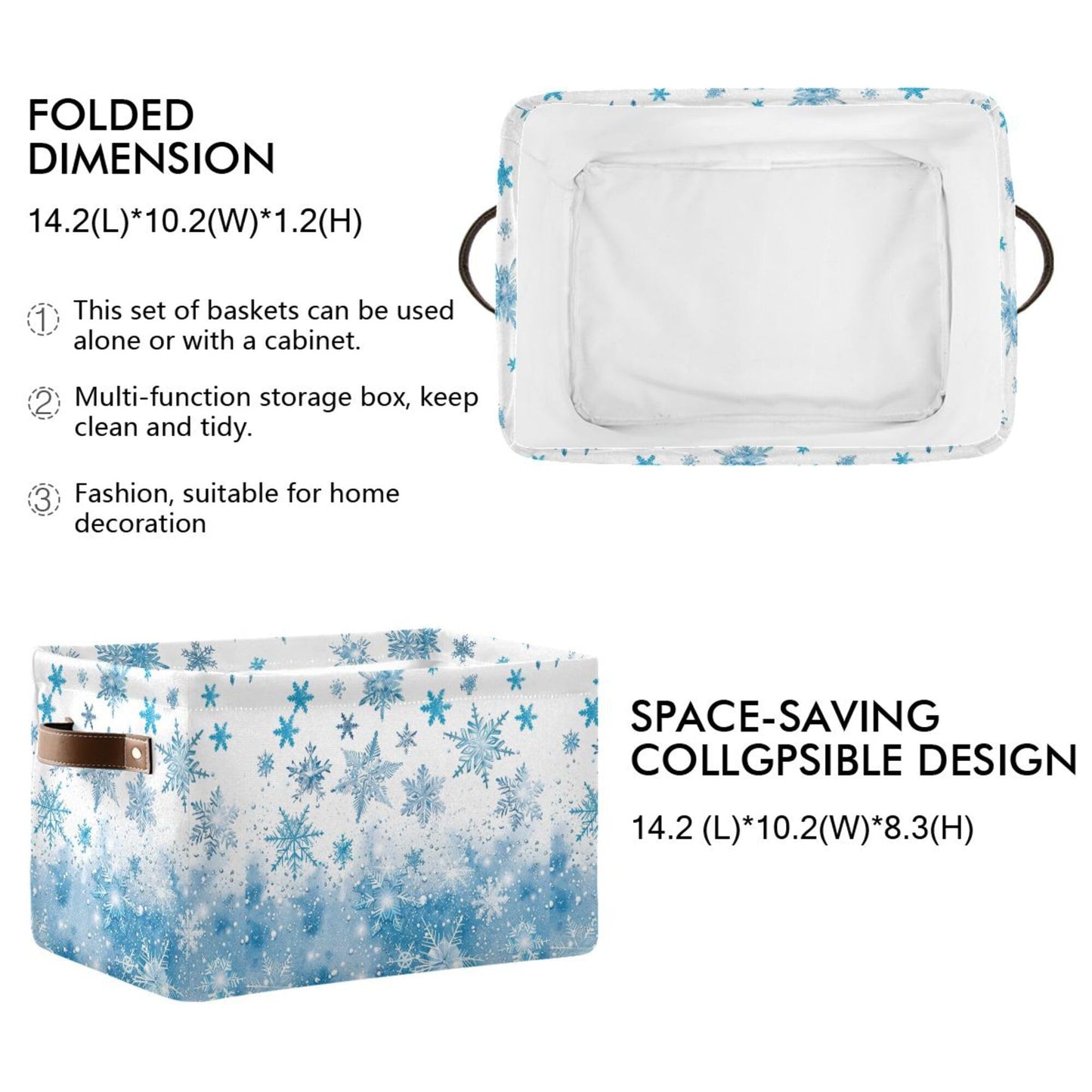 Winter Snowflake Blue Storage Basket with Waterproof Liner and PU Handles White Christmas Holiday Xmas Storage Boxes 14.2" Collapsible Decorative Organizer Baskets for Bedroom Closet Office 1 Pack