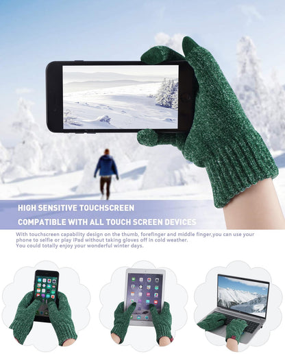 Womens Winter Knit Warm Hat Beanie Long Scarf Touch Screen Gloves Set Skull Caps Neck Scarves for Women Men Dark Green