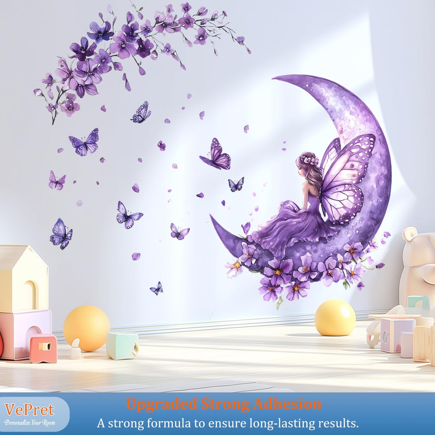 VePret Purple Fairy Wall Decals Peel and Stick, Butterflies Moon Flowers Wall Stickers, Removable Vinyl Home Decor Art for Girls Bedroom Baby Nursery Daycare