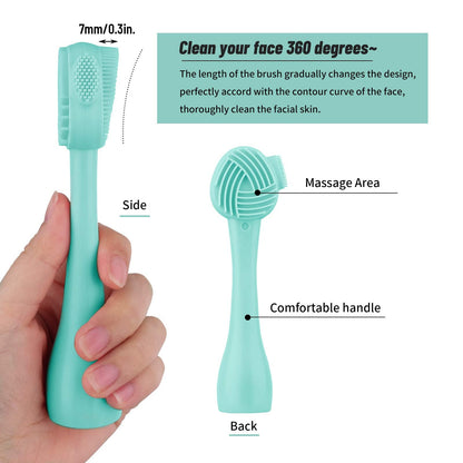 Silicone Facial Cleansing Brush 3 Pack, Beomeen 4 in 1 Handheld Face Scrubber for Deep Gentle Exfoliating, Double-Ended Face Wash Scrub Brush for Face Skincare and Massage (Green)