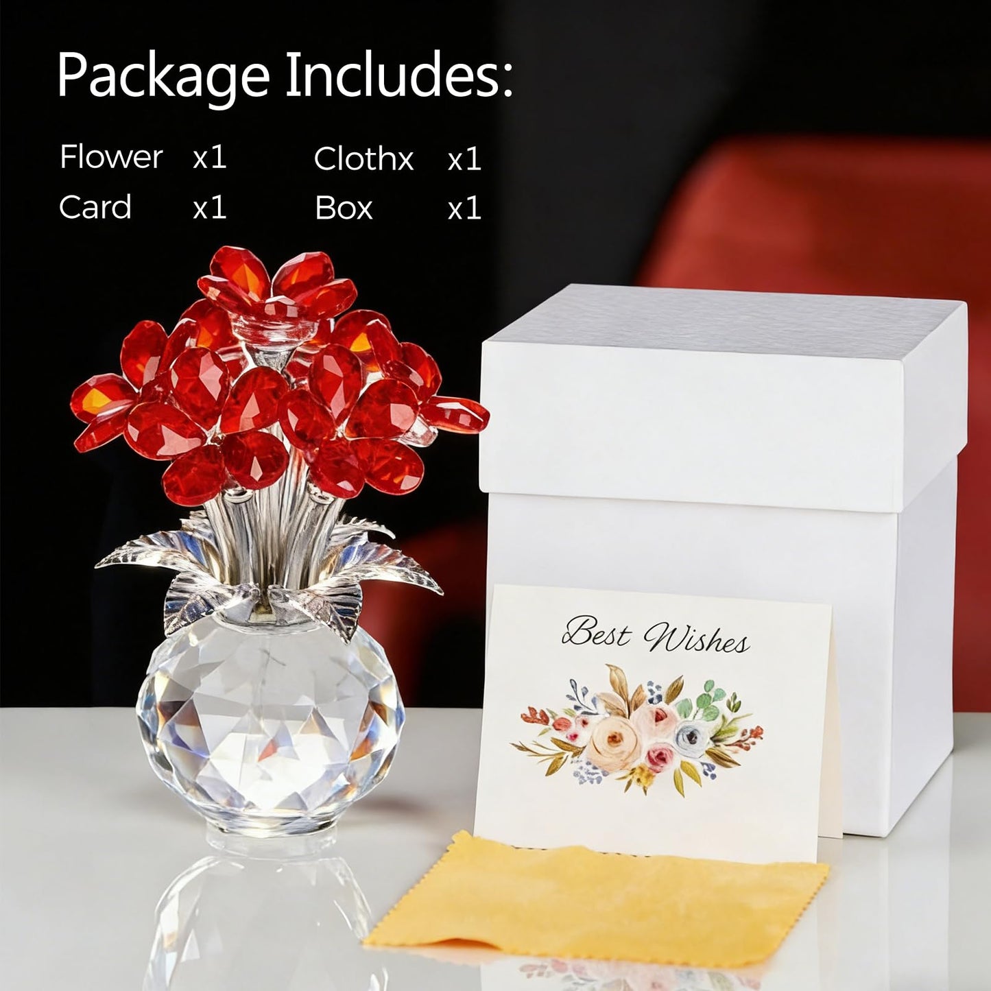 XLSJGYP Crystal Red Flower Decoration Glass Flowers Mother's Day Birthday Gifts for Women Girl Wife Girlfriend Daughter Ornament Bouquet Collectible for Valentine's Day Wedding (Red Flower 02)