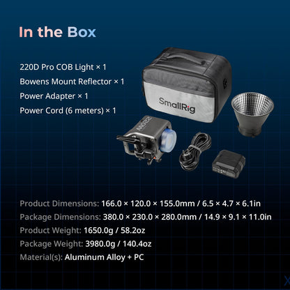 SMALLRIG RC 220D Pro 220W COB Video Light, Daylight Continuous Output Light 5600K, CRI 95+, Modular Body Design Bowens Mount Light, Support 3 Power Supply Methods, App Control for Photography