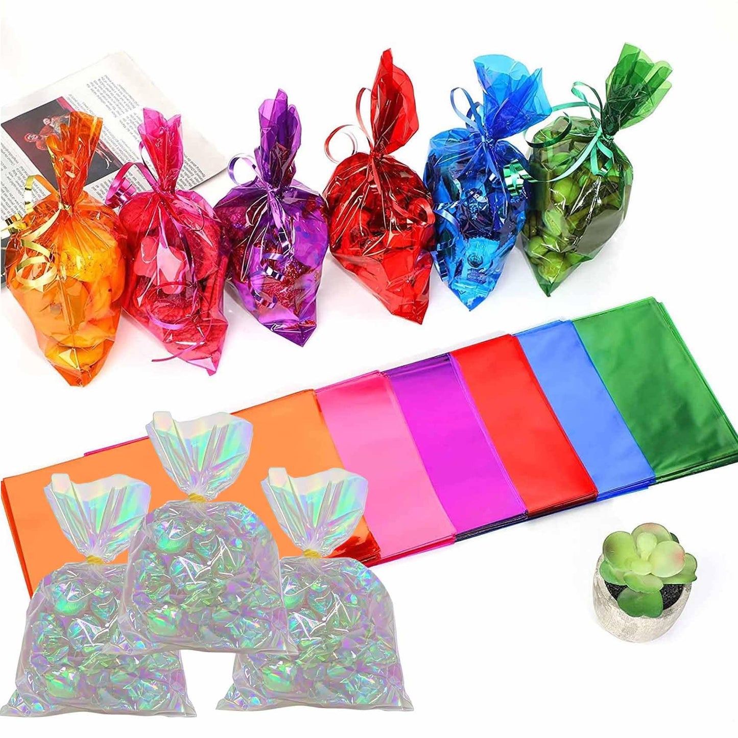 brzikwt 100Pcs Iridescent Gift Bags，Cellophane Bags,Treat Bags,Goodie Bags,Candy Bags They are suitable for Valentine, Birthday, Christmas,Gift Cookie Snack Packing Party Favor Supplies 6x9 inch