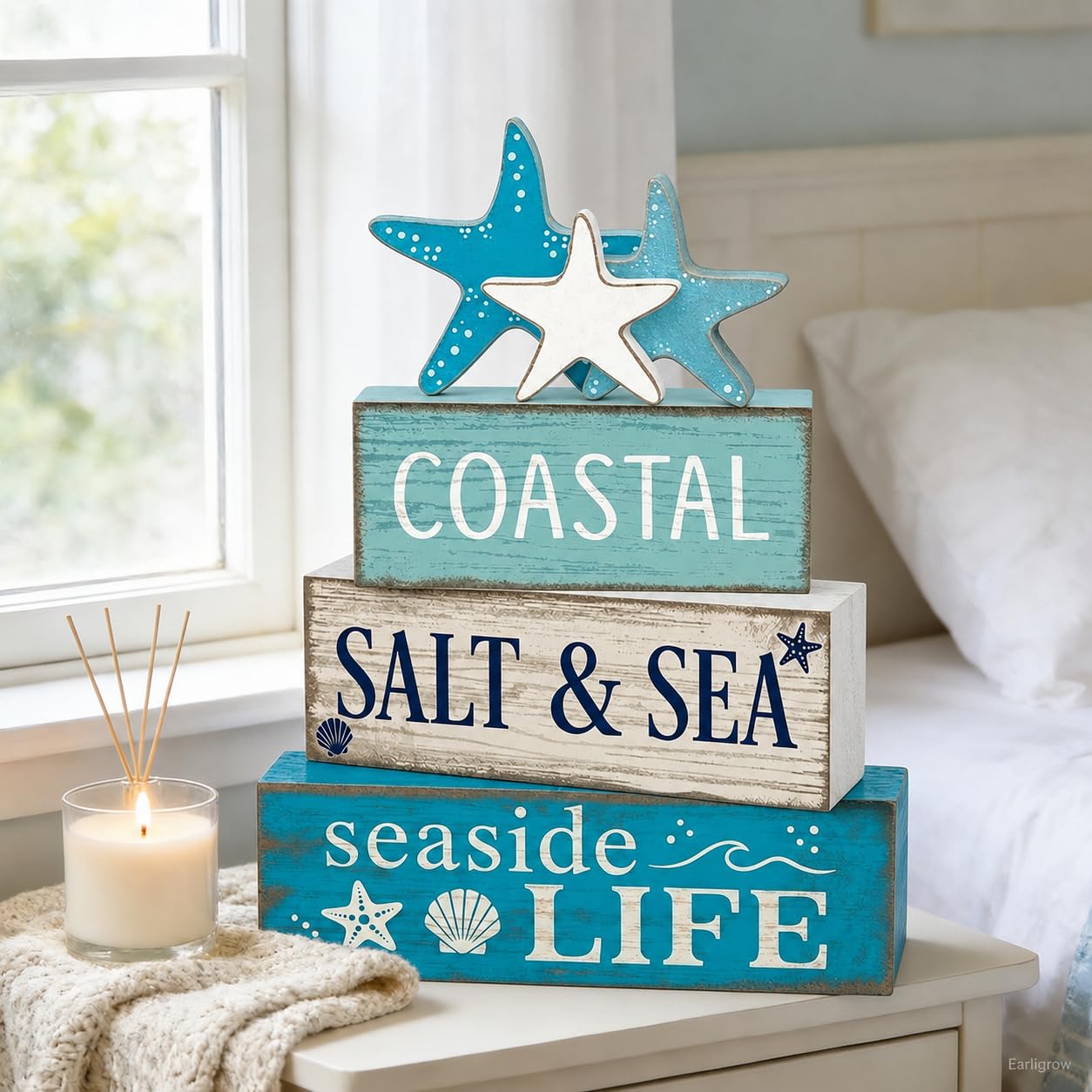 4 Pcs Summer Beach Table Decor Starfish & Seashell Coastal Nautical Wooden Block Signs, Rustic Farmhouse Tiered Tray Decorations for Home Bathroom Office Desk Shelf Mantel