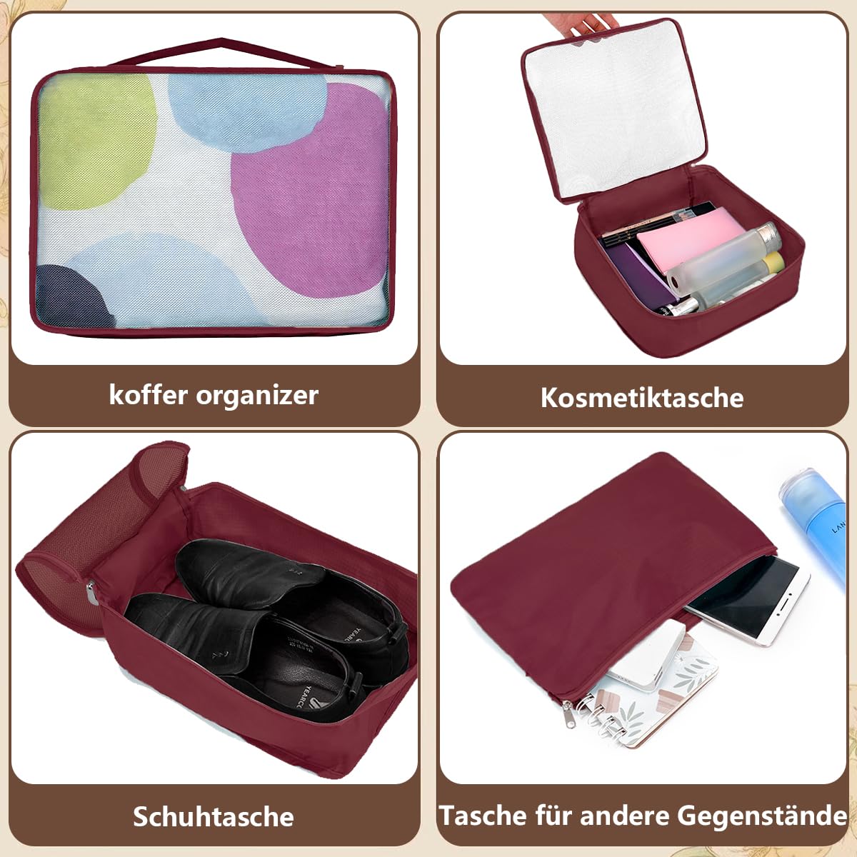 10 Packing Cubes for Suitcases – Luggage Organiser in Various Sizes – Mesh Travel Packing Cube Set in Assorted Colours (10 Dark Red Mixed Sizes)