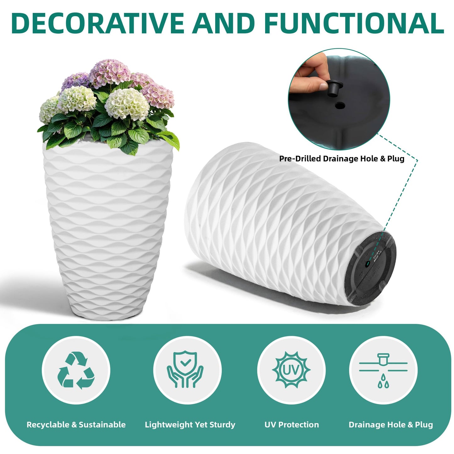 Ultym 19" Nordic Wavy Tall Outdoor Planters, Set of 2 Ultra Durable Resin Large Flower with Drainage Holes, Weather-Resistant Outdoor Planters for Garden Patio Porch Balcony Living Room Office Decor