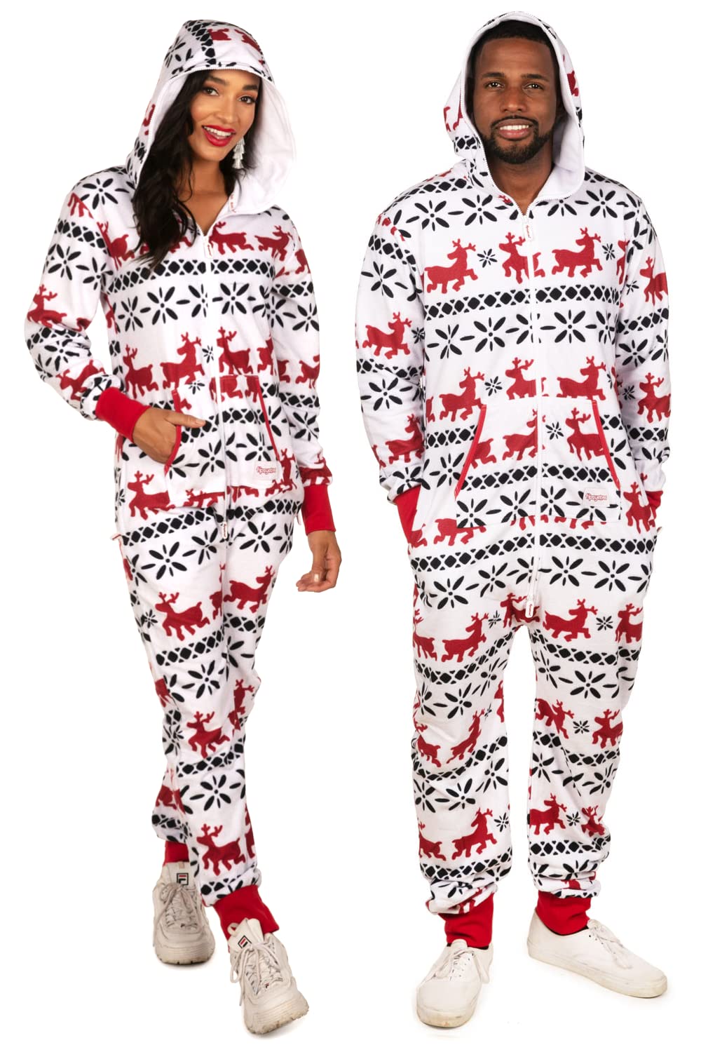 Tipsy Elves Christmas Onesies for Adults - Comfy Unisex Matching Holiday Jumpsuits with Convenient Pockets - White Fair Isle Christmas Jumpsuit Size X-Large
