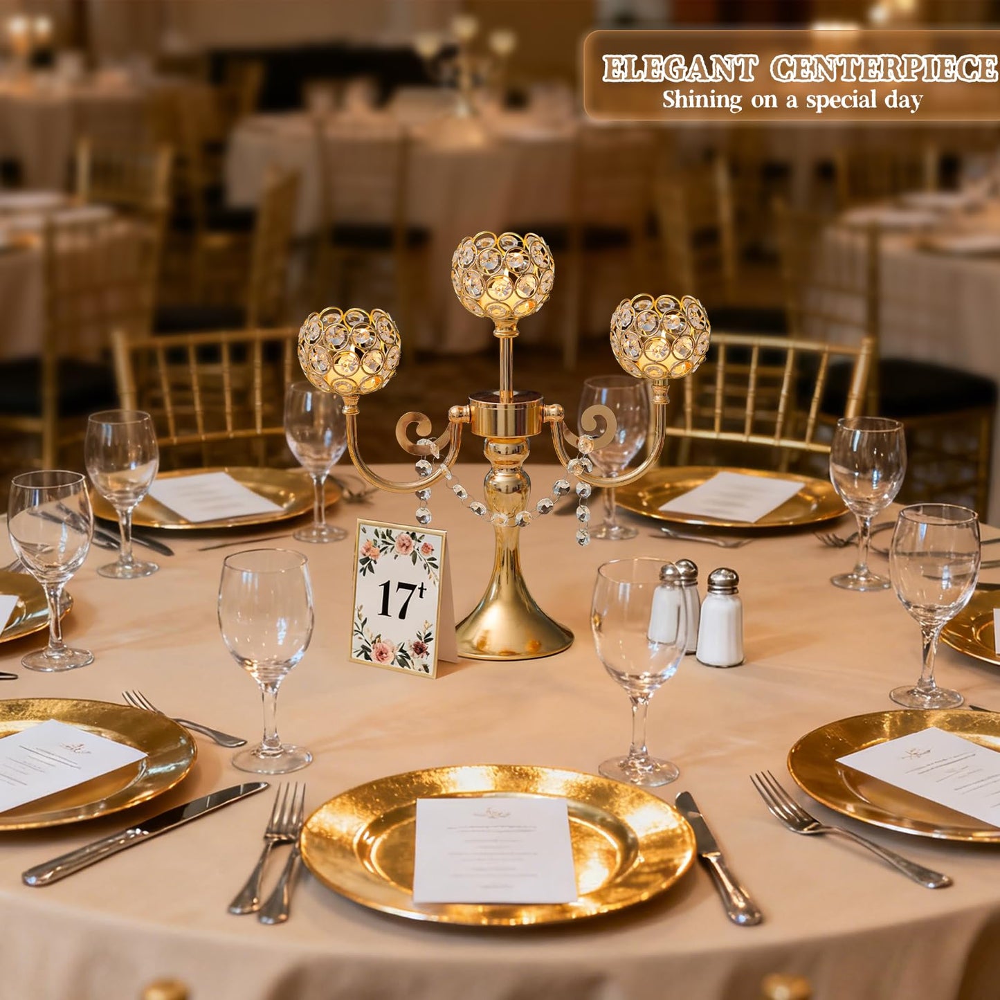 3-Arm Gold Metal Candelabra with Crystal Bowls, Tealight Holder Centerpiece for Birthday, Dining Table, Party Decor, Christmas and Home Decoration (6, Gold)